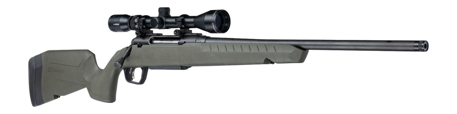 Savage Axis 2 XP rifle with OD Green synthetic stock, threaded barrel and scope mounted