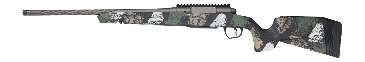 Left side view of Savage Axis 2 Pro rifle showing fluted threaded barrel and Forest SP camo stock