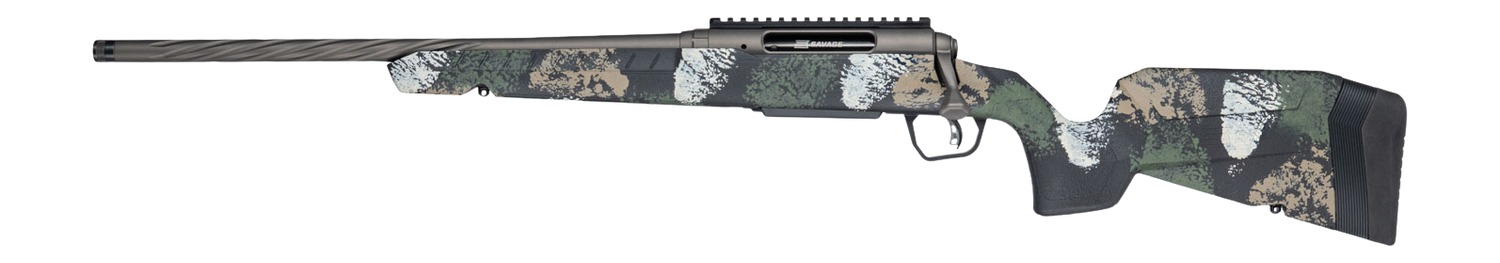 Savage Axis 2 Pro left-hand bolt-action rifle with forest camo stock and fluted threaded barrel