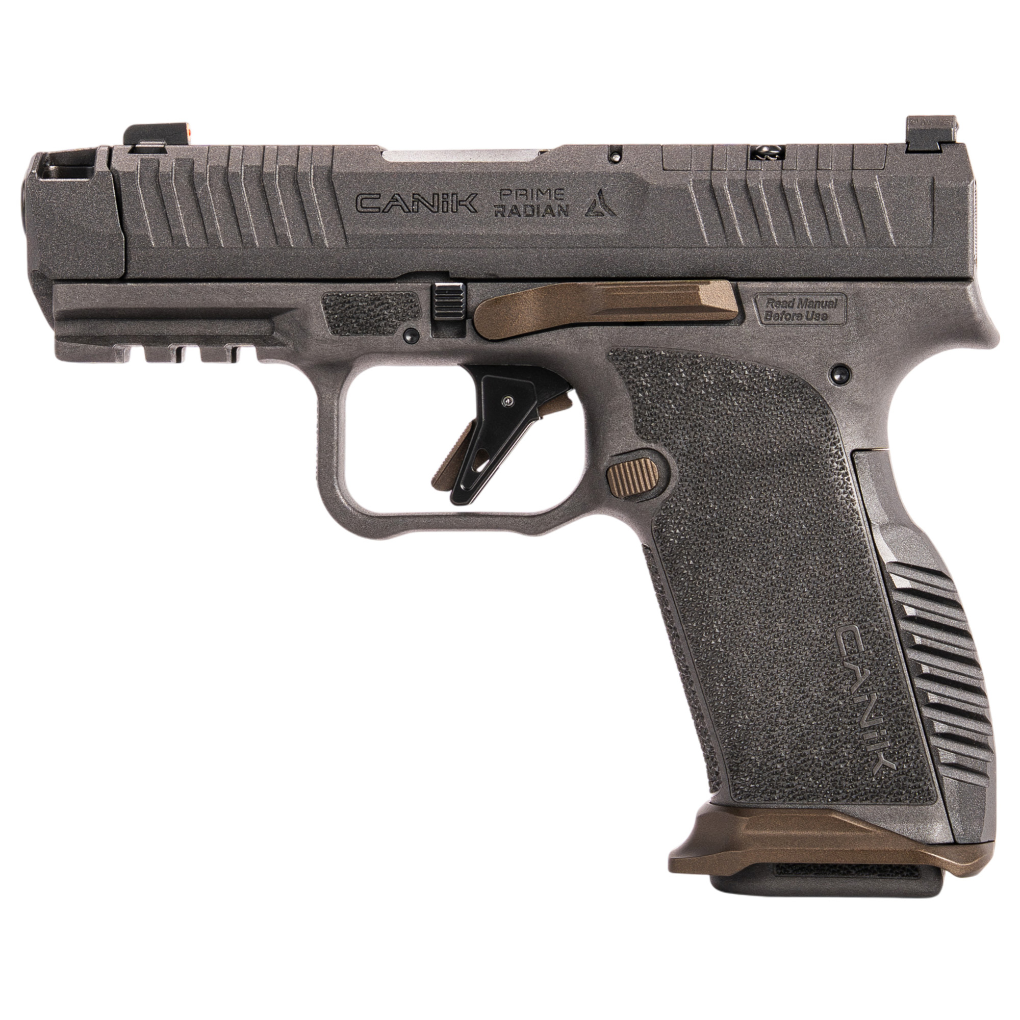 Canik MC9 Prime Radian 9mm pistol, right side, gray frame with bronze trigger and magwell accents