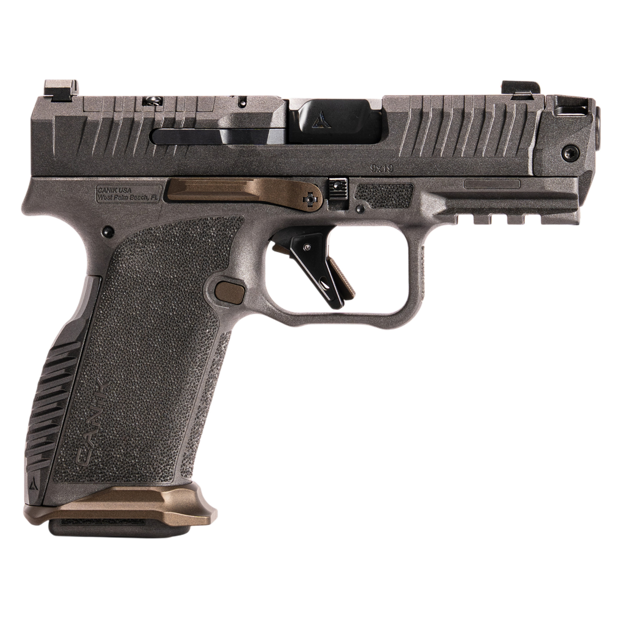 Canik MC9 Prime Radian 9mm pistol, left side view showing slide and grip