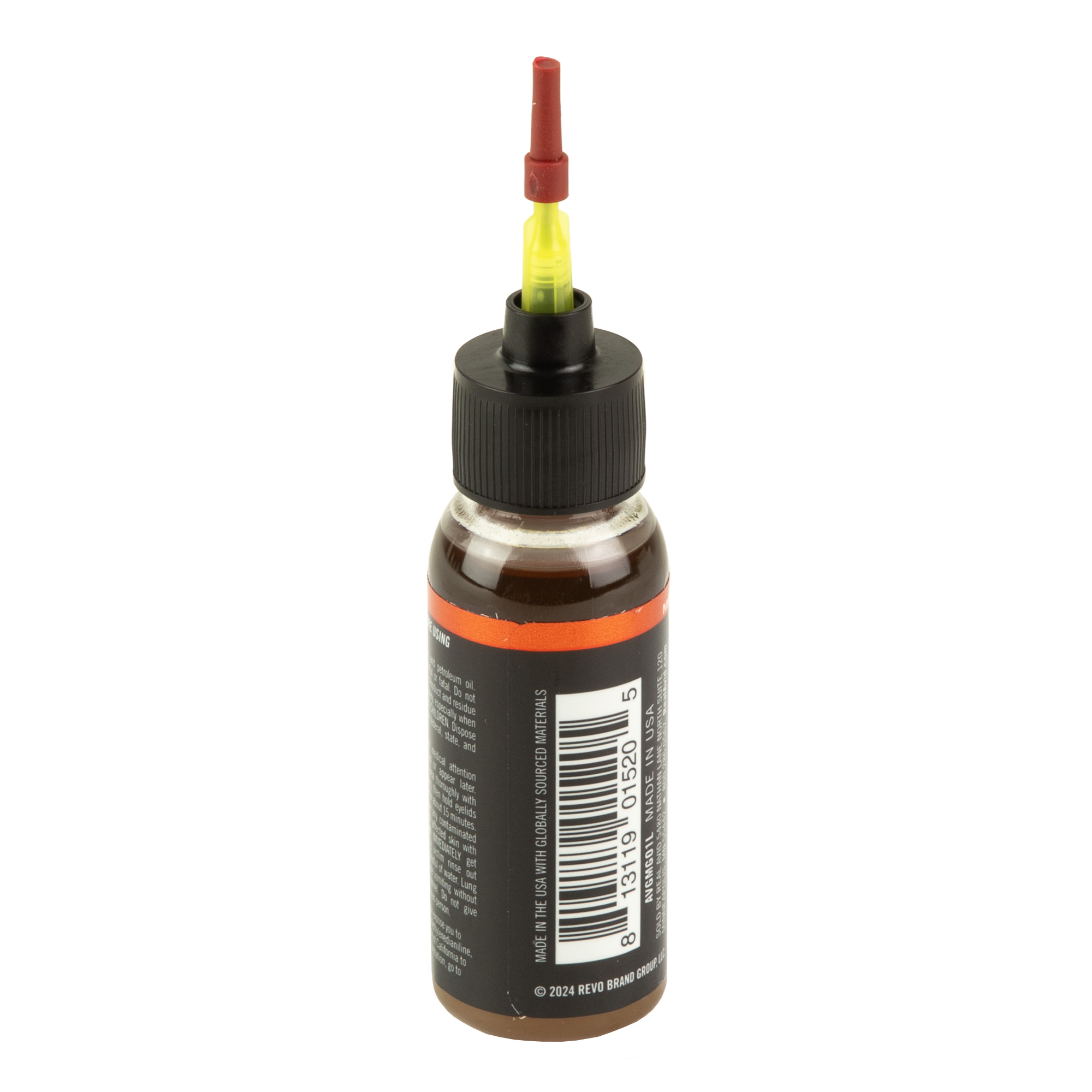 Back of Real Avid Gun-Max gun oil bottle showing barcode and product information