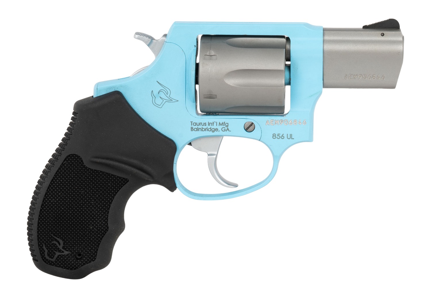 Taurus 856 UL revolver with blue frame and stainless cylinder, right side view