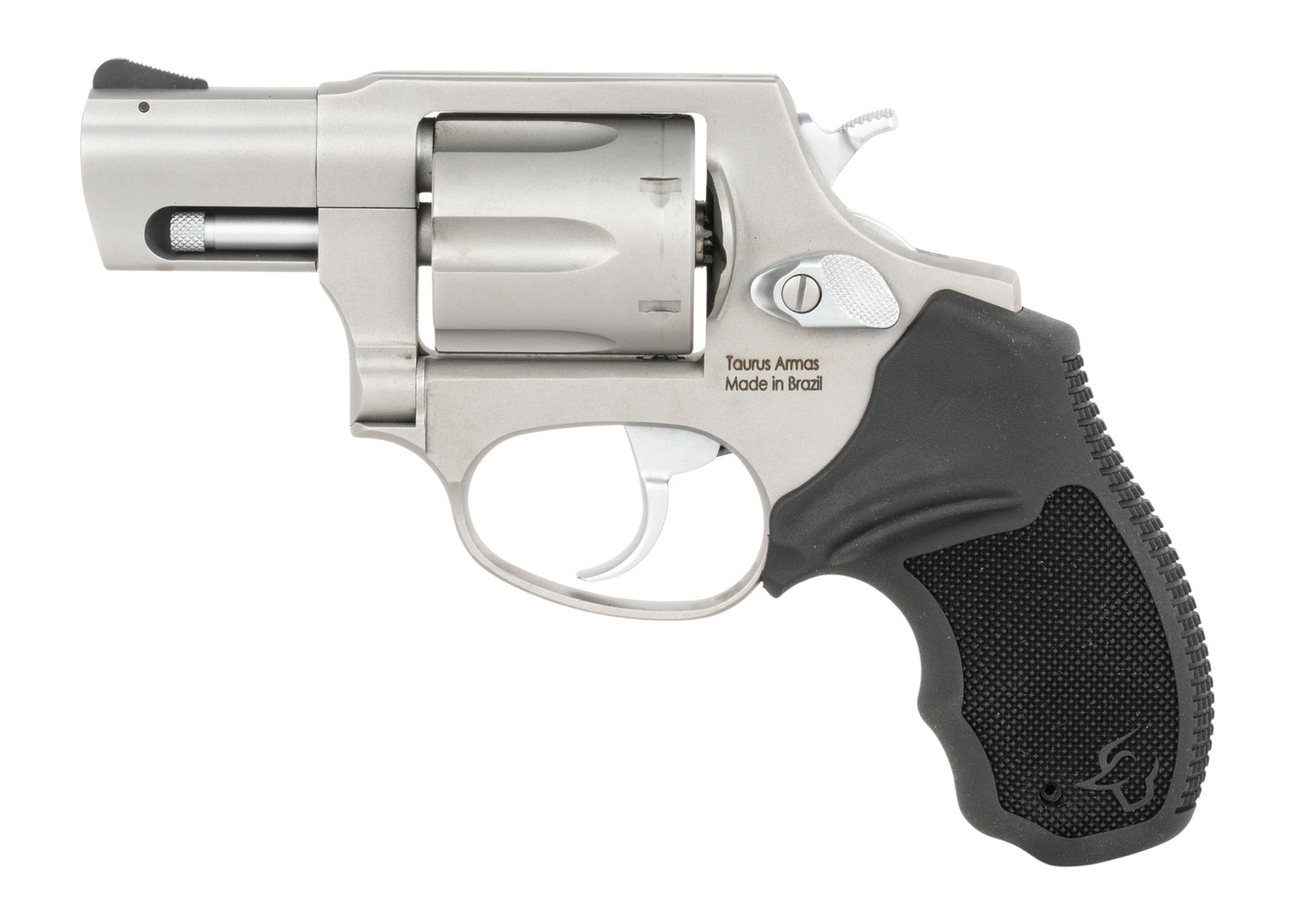 Taurus 856 stainless revolver, left side showing shrouded ejector rod and black grip