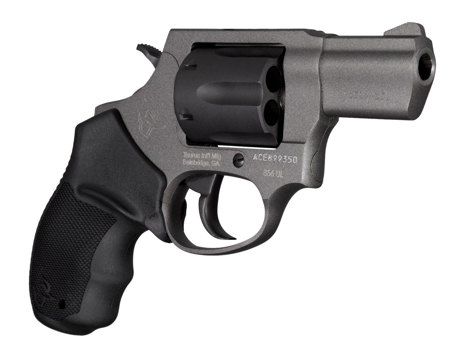 Taurus 856 revolver angled view showing 2-inch barrel and tungsten Cerakote finish