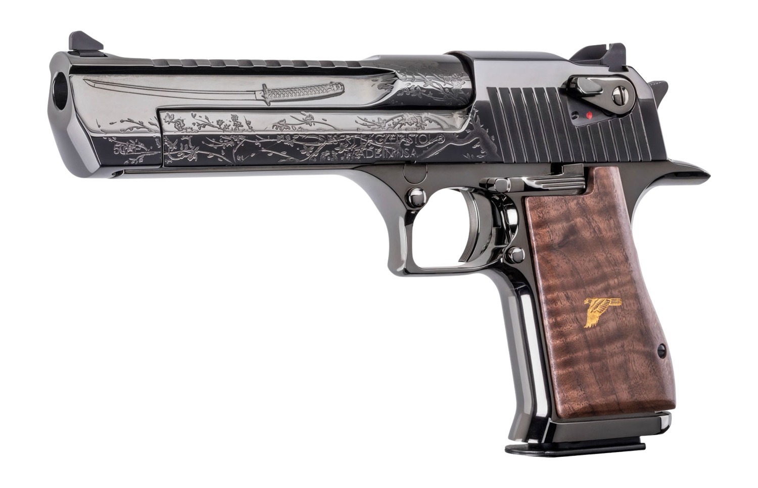 Desert Eagle Mark XIX pistol with engraved katana and blossom slide design