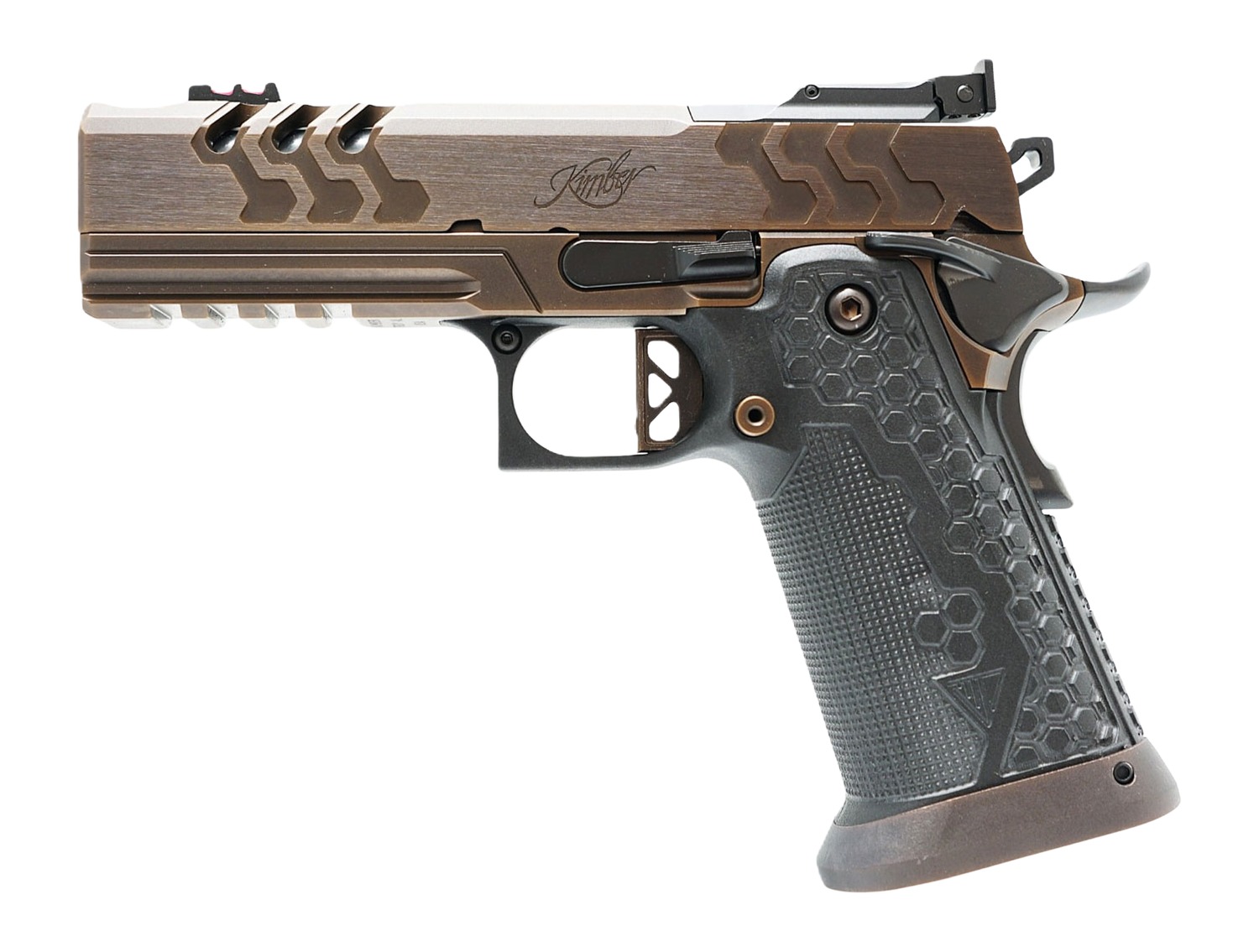 Kimber 2K11 Pro Royal 9mm pistol, right side view, bronze slide with black hex-pattern grip