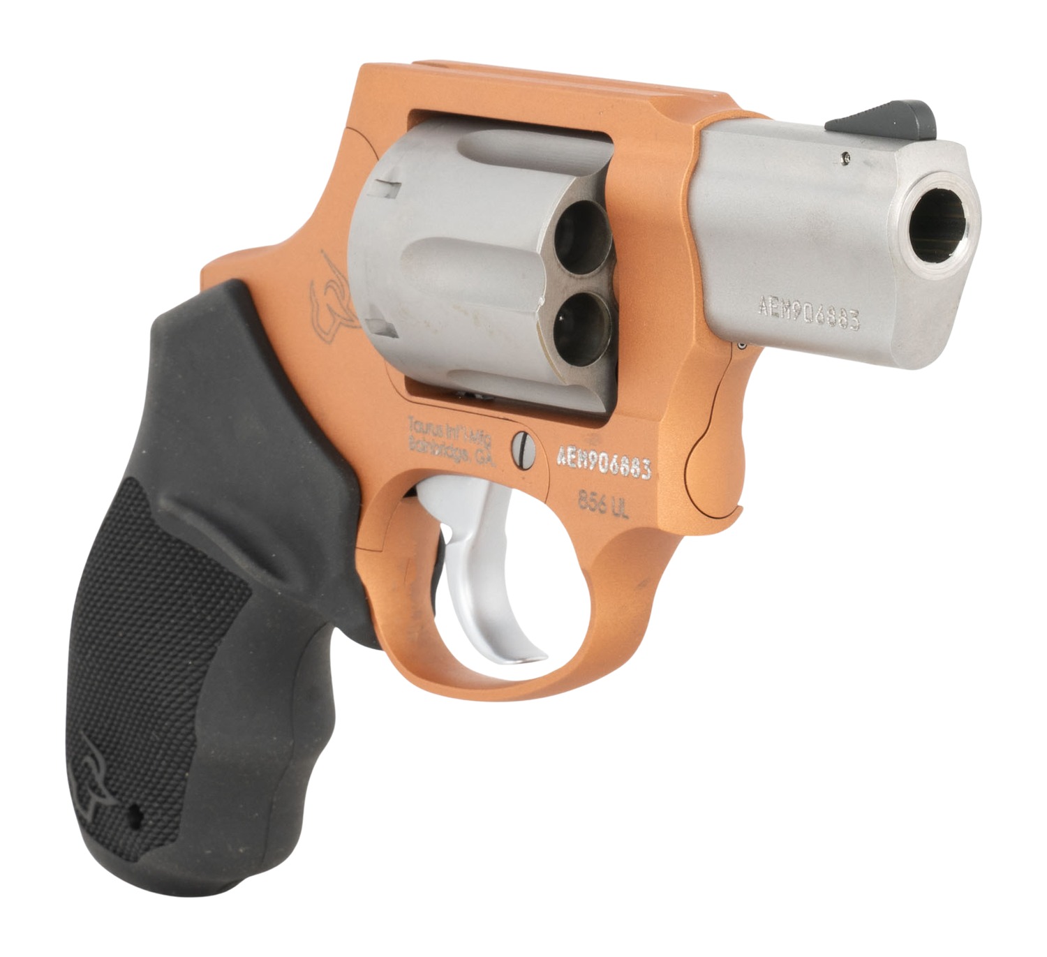 Taurus 856 UL revolver angled front view showing copper frame and stainless barrel