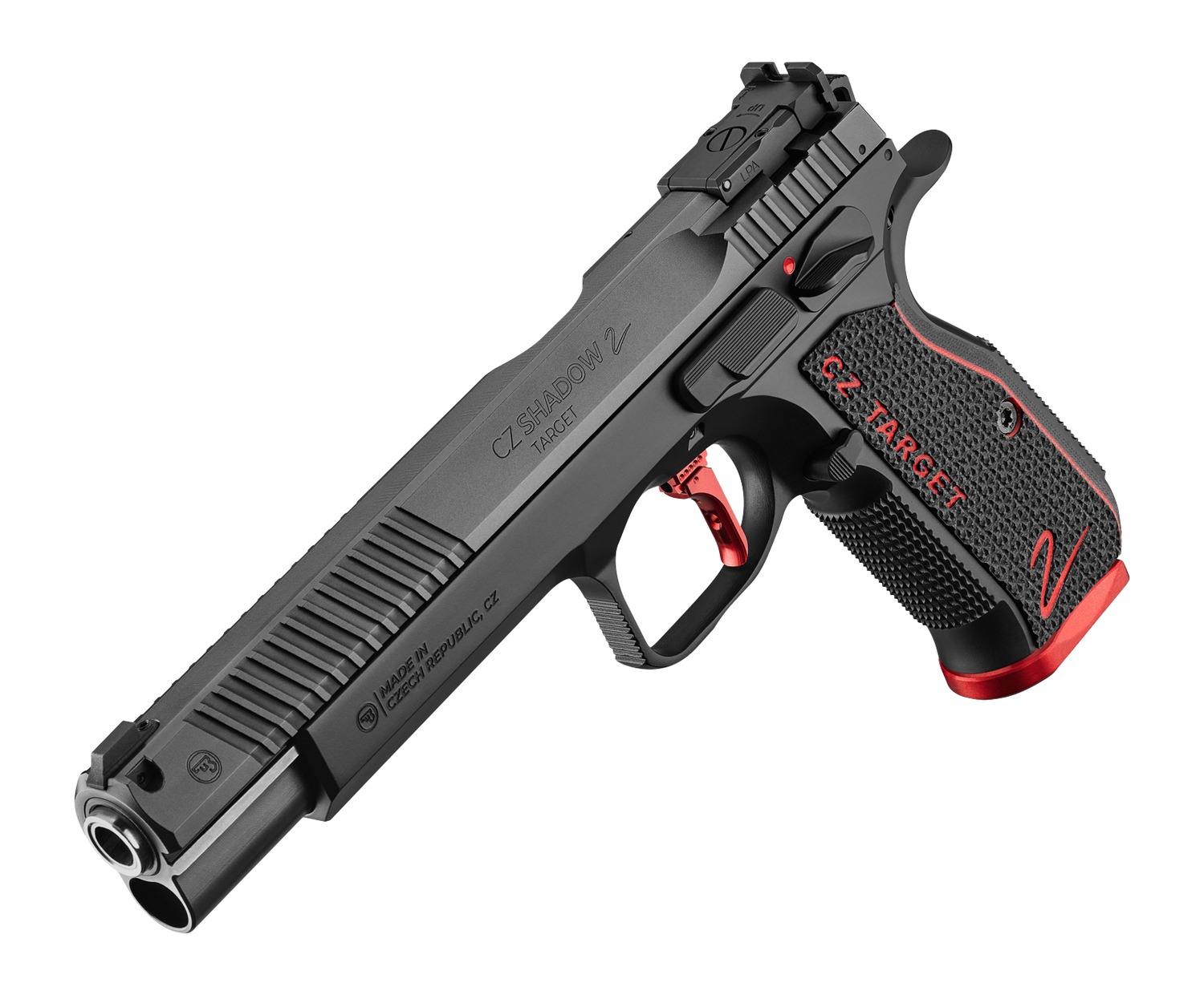 CZ Shadow 2 Target pistol angled view showing serrated slide and 6 inch barrel