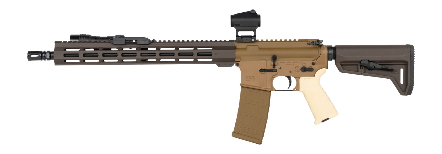 Shark Coast Kraken AR rifle in two-tone brown and tan, left side view with Magpul stock