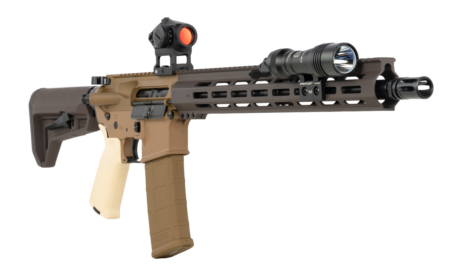 Shark Coast Kraken AR rifle angled view showing red dot optic and mounted flashlight