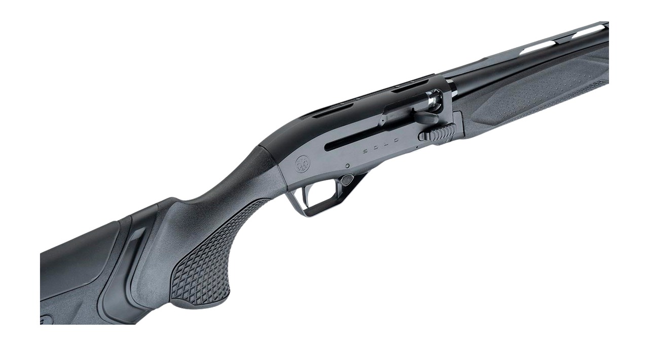 Close-up of Beretta A400 Solo receiver, bead sight and textured grip
