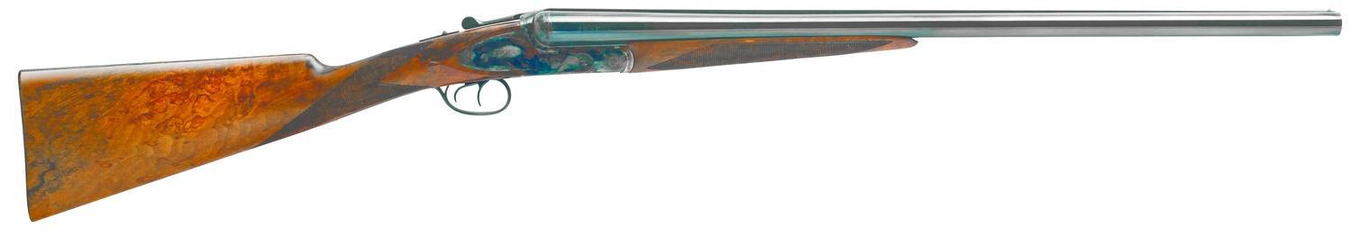 Dickinson Plantation side-by-side shotgun with blued barrels, engraved receiver and walnut stock