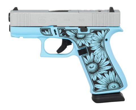 Glock 43X 9mm, 3.41" Barrel, 15+1, Silver / Light Blue Daisy