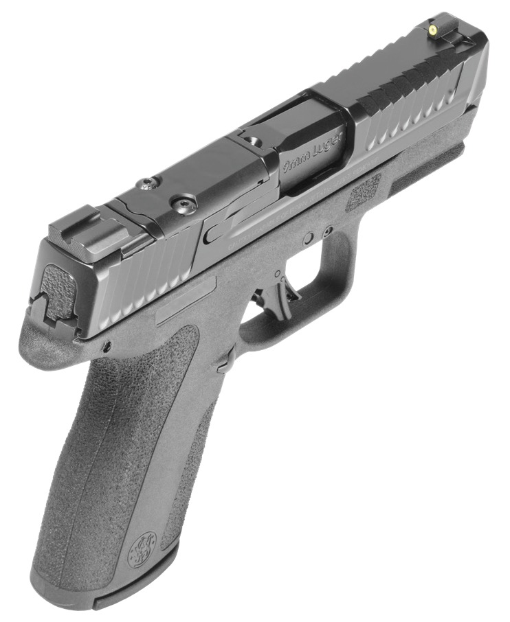 Smith & Wesson M&P9 Shield X black pistol with serrated slide and thumb safety, angled view
