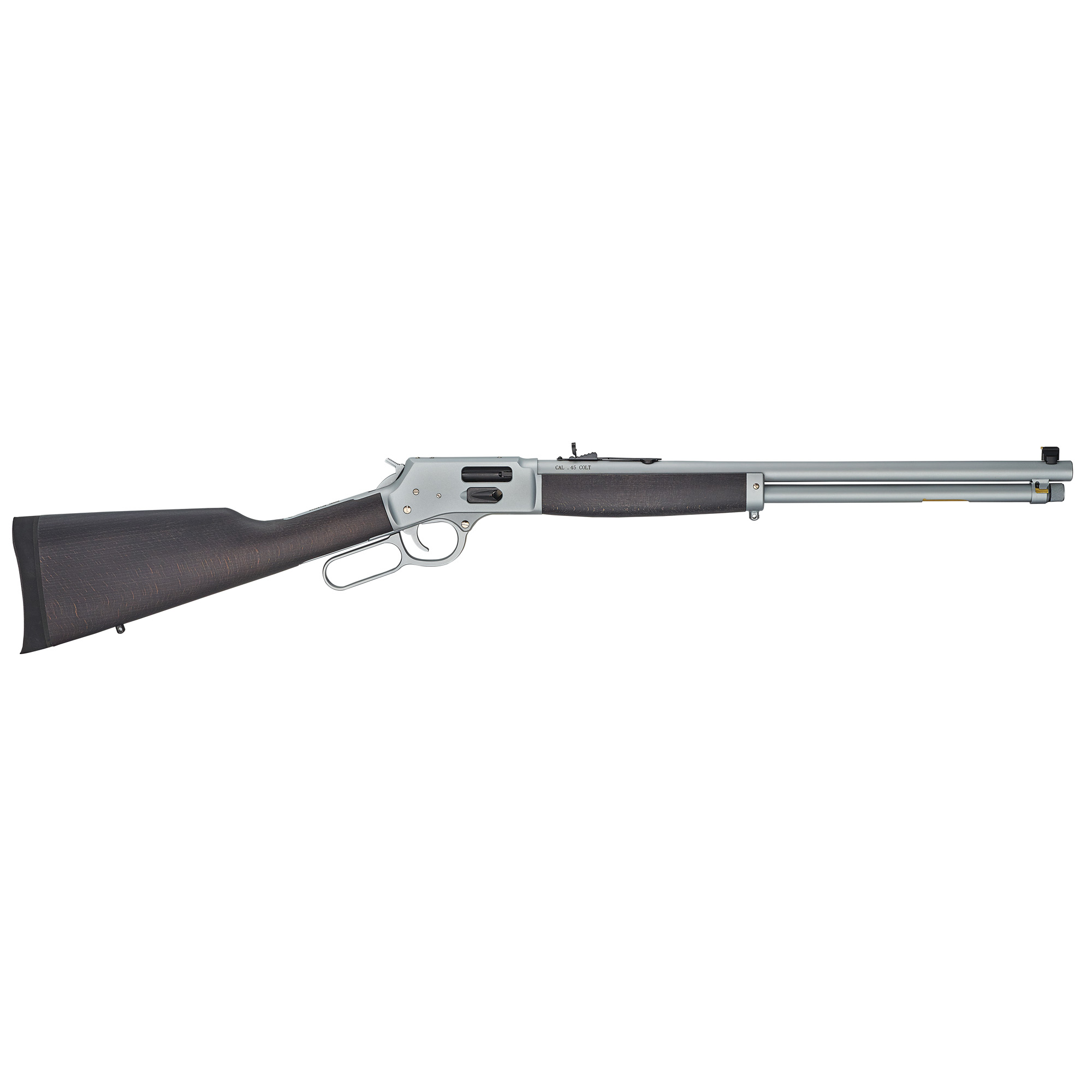 Henry Big Boy lever-action rifle in silver finish with dark wood stock, side view