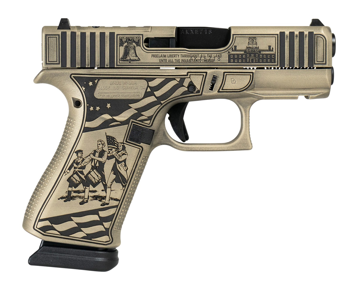 Engraved Glock 43X 9mm pistol with bronze finish and Liberty Bell slide engraving