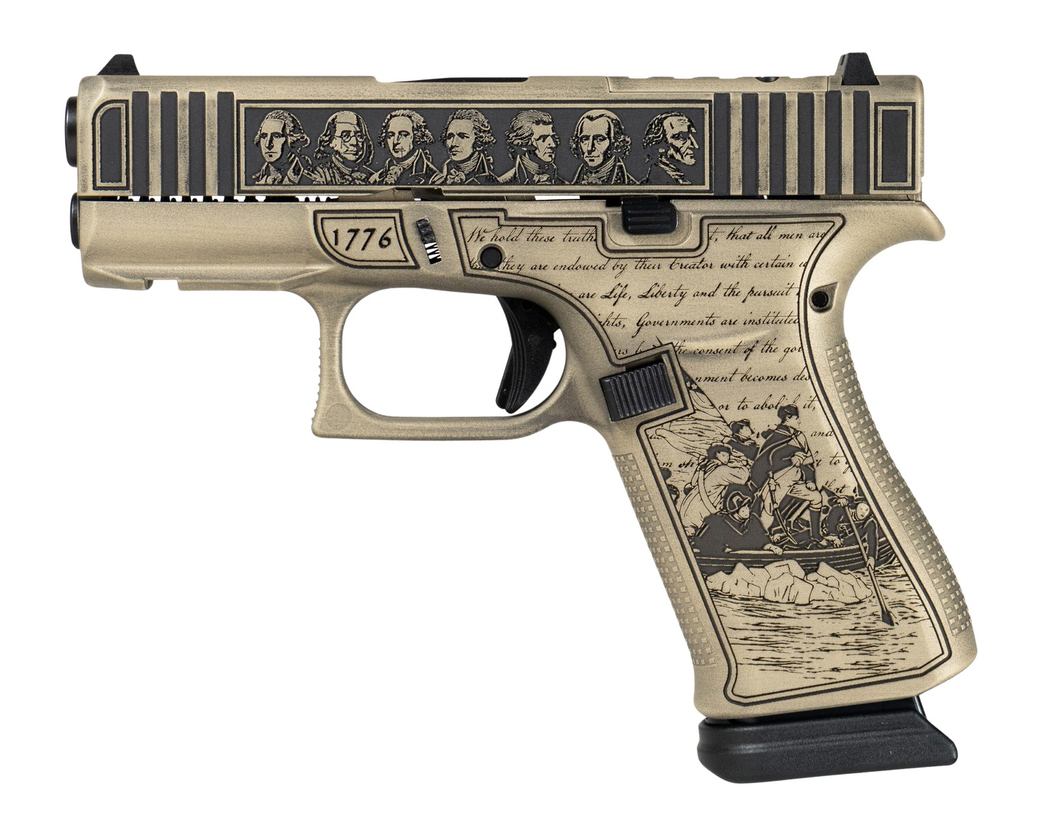 Glock 43X pistol with bronze finish, Founding Fathers slide engraving and Washington Crossing frame art