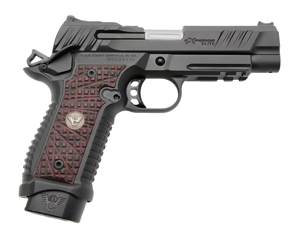 Wilson Combat eXperior Elite 9mm pistol, black finish with red G10 grips, right side view