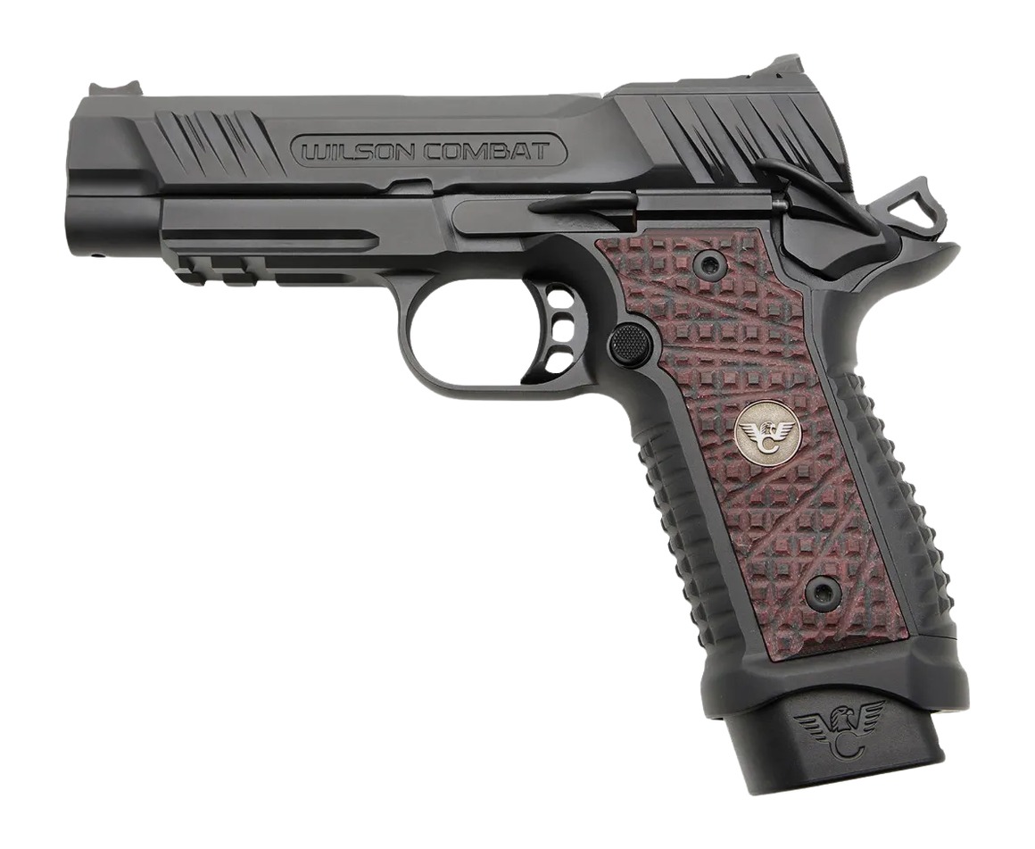 Wilson Combat eXperior Elite 9mm pistol, left side view showing black slide and red grips