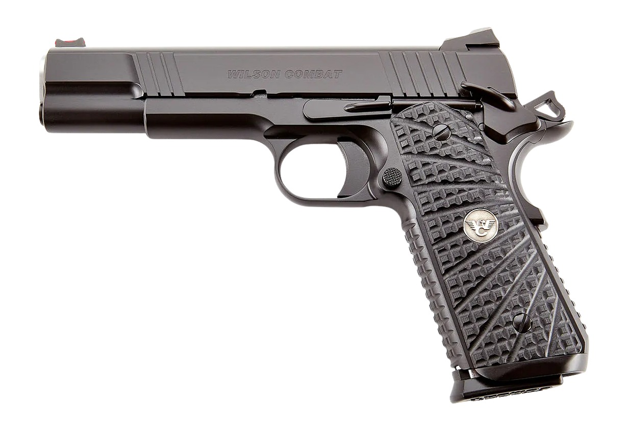 Wilson Combat 1911 pistol in black with textured G10 grips, right side view
