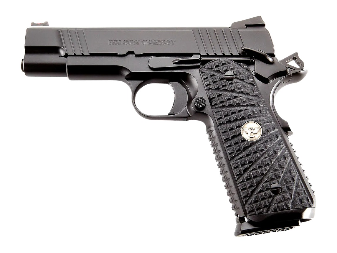 Wilson Combat black 1911 pistol with TRAK grips, left side view