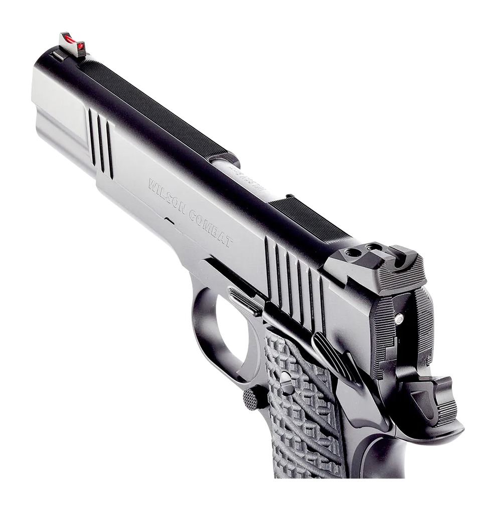 Black Wilson Combat 1911 slide and fiber optic front sight, angled rear view