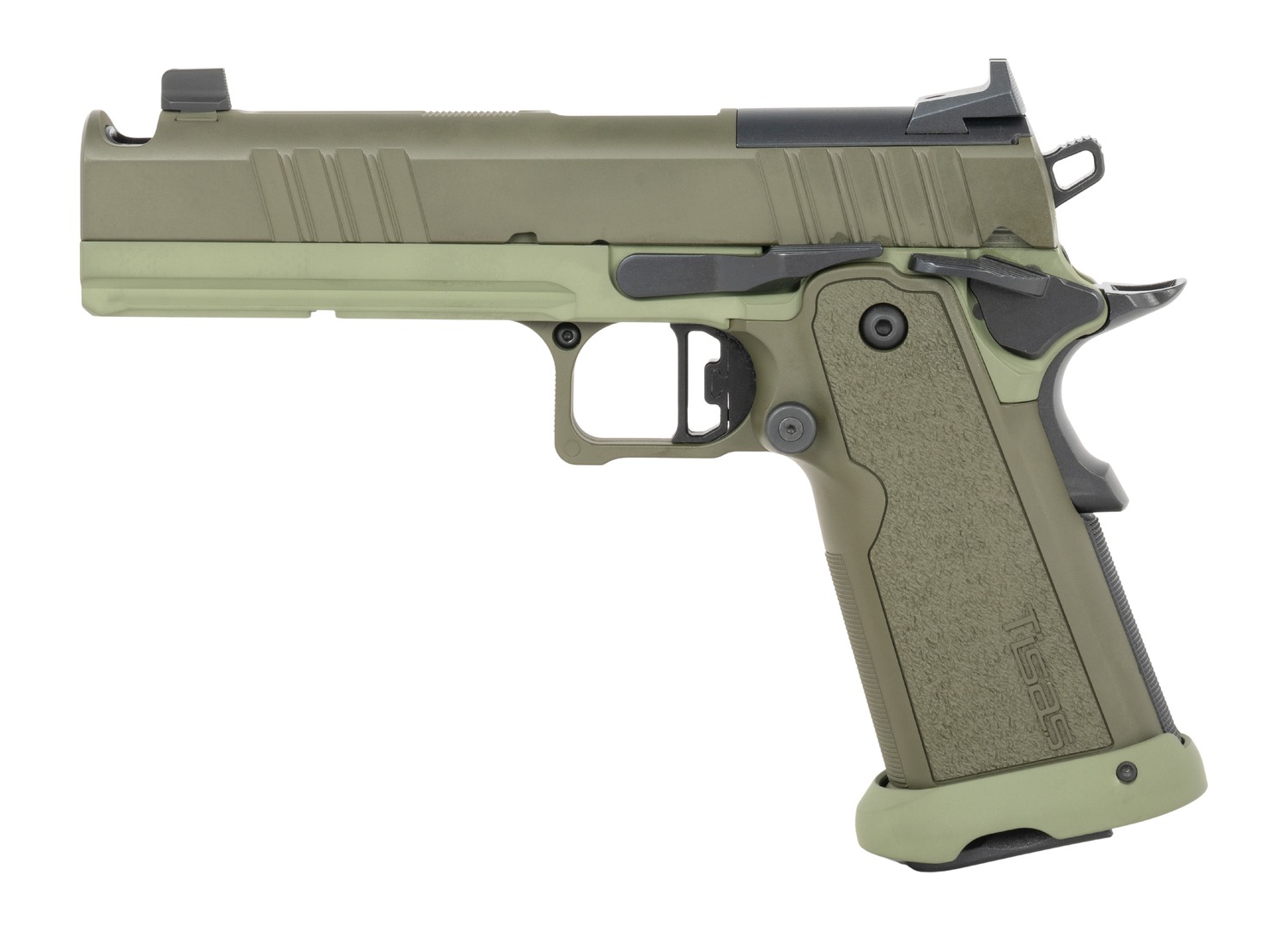 TISAS Duty 9 9mm pistol, right side view, OD green finish with 17-round magazine base