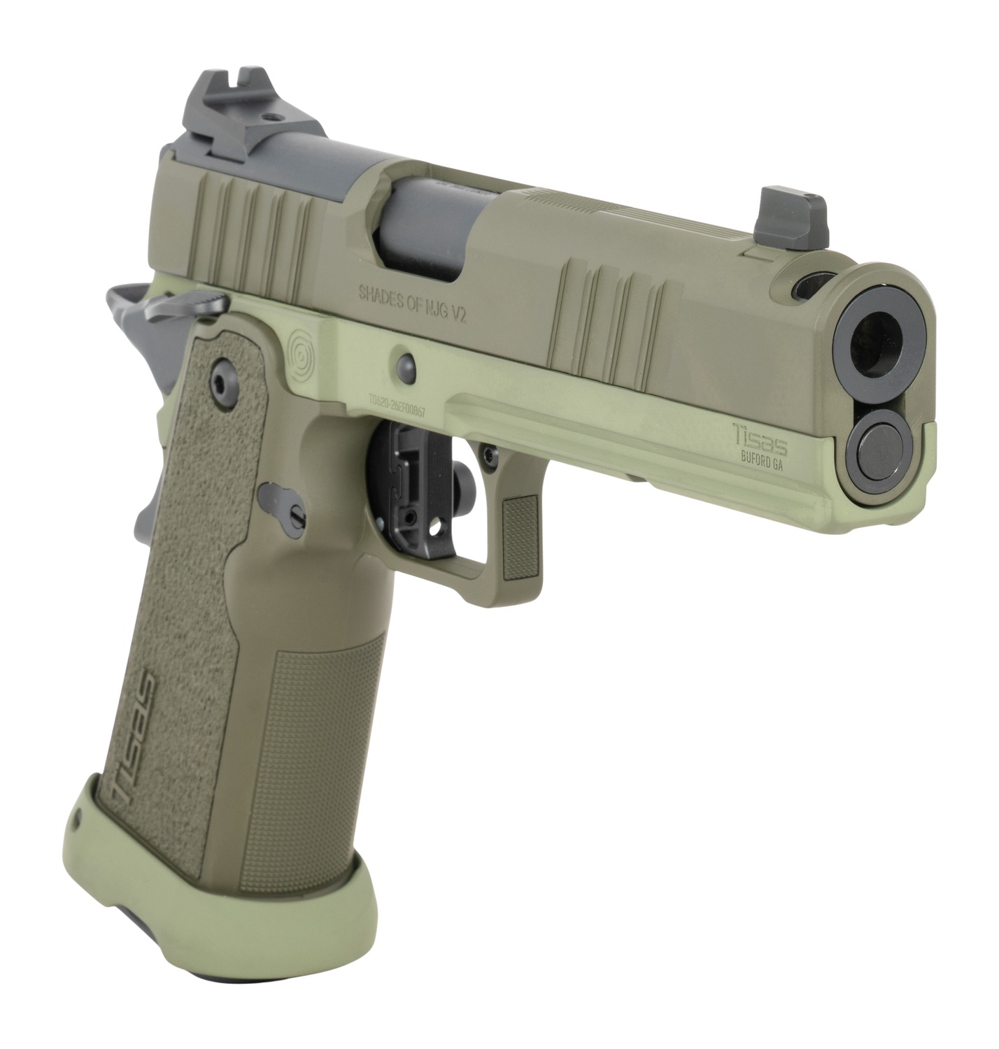 TISAS Duty 9 9mm pistol angled front view showing 5-inch barrel and OD green finish