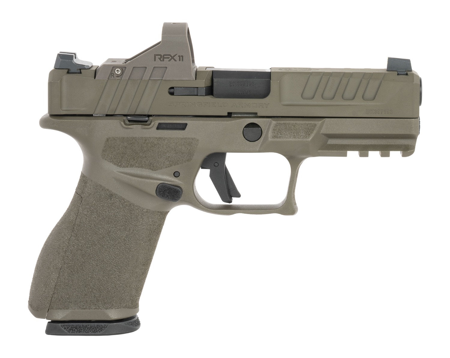 Springfield Armory Echelon 9mm pistol in OD Green with red dot optic, right side view