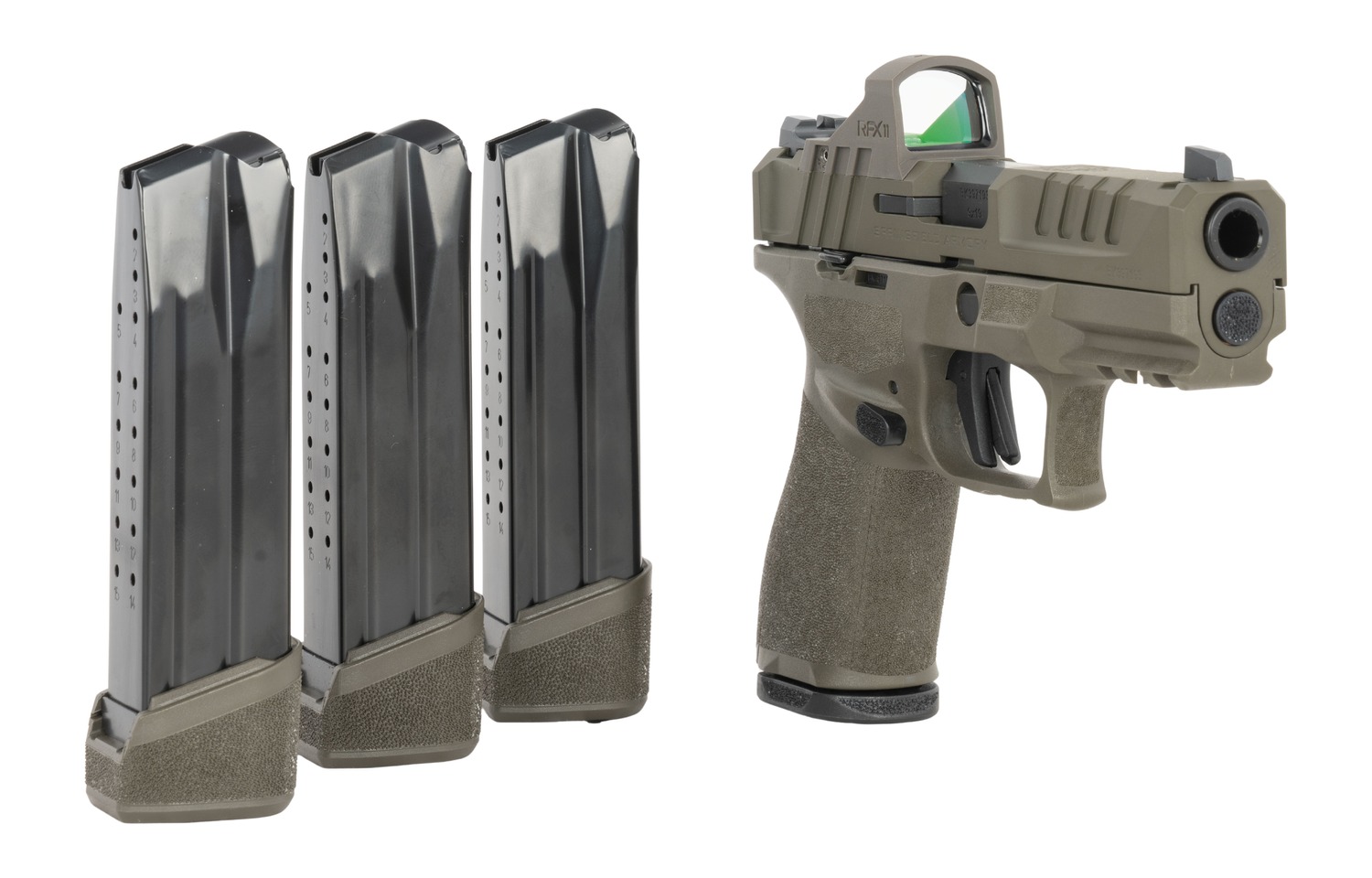 Springfield Echelon OD Green pistol beside three extended magazines