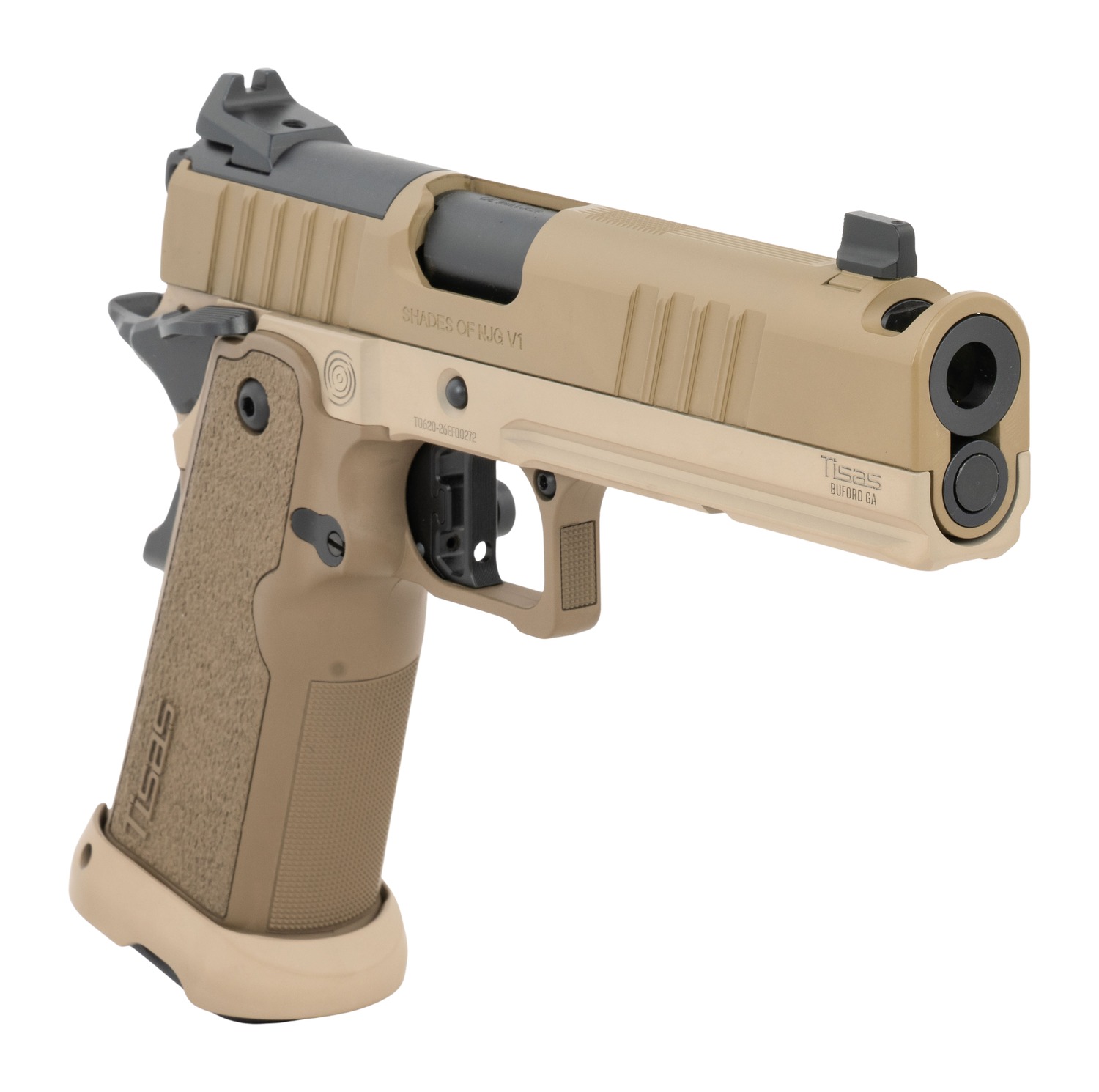 TISAS Duty 9 Shades of NJG V1 pistol in FDE, angled front view showing muzzle
