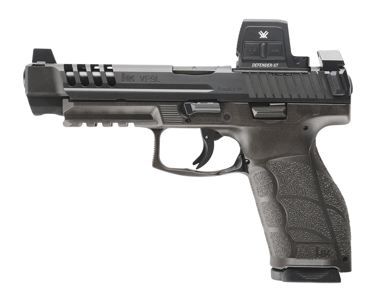 HK VP9L pistol in black with Vortex Defender-ST optic, right side view