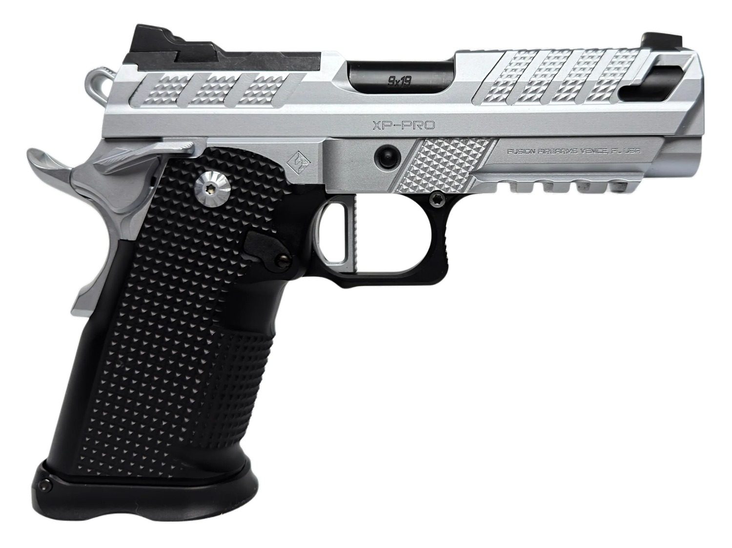 Fusion Firearms XP-Pro V2 9mm pistol with chrome slide and frame and black grip panels, right side view