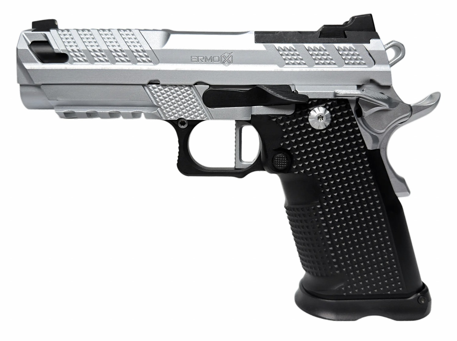 Fusion Firearms XP-Pro V2 9mm pistol with chrome serrated slide and black grip panels, left side view