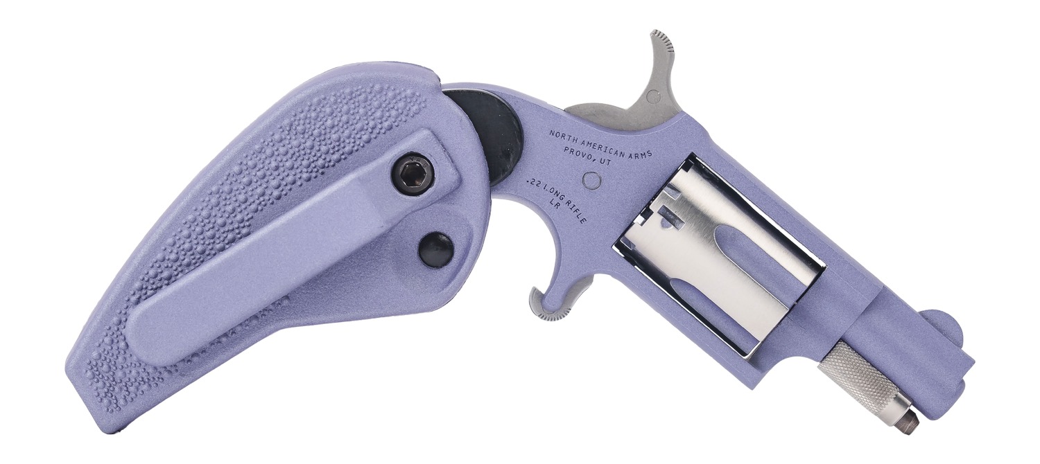 North American Arms Orchid mini revolver in purple Cerakote finish with folding holster grip