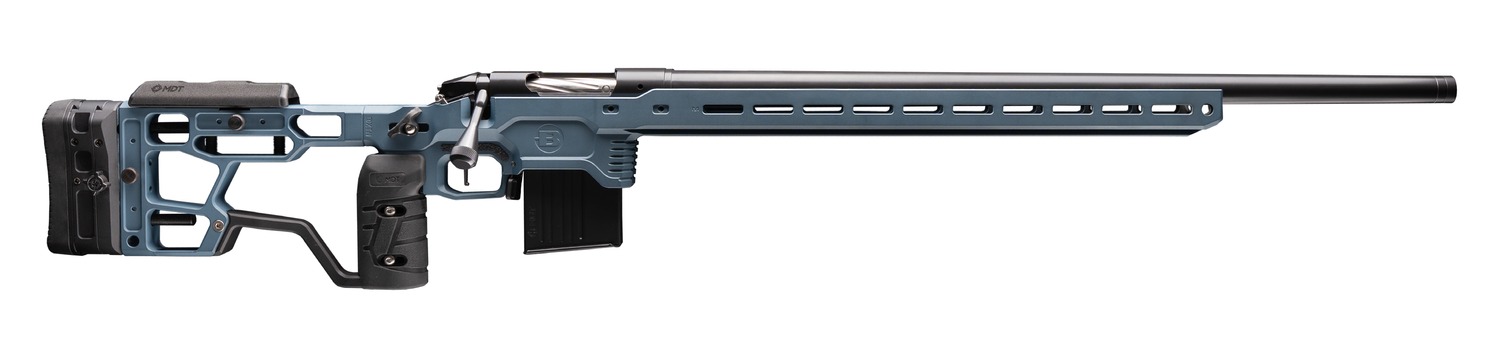 Bergara Competition Elite bolt-action rifle with blue chassis and black threaded barrel