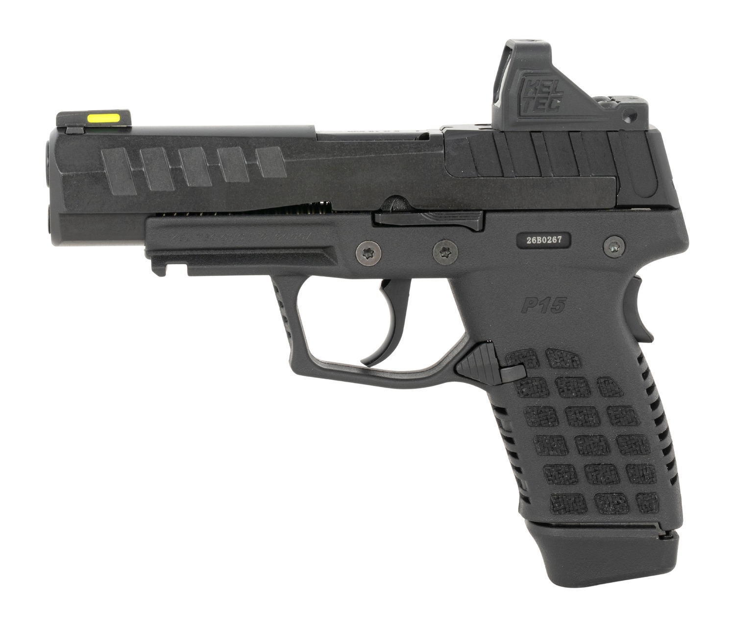 Right side view of black Kel-Tec P15 pistol with Kel-Tec red dot optic