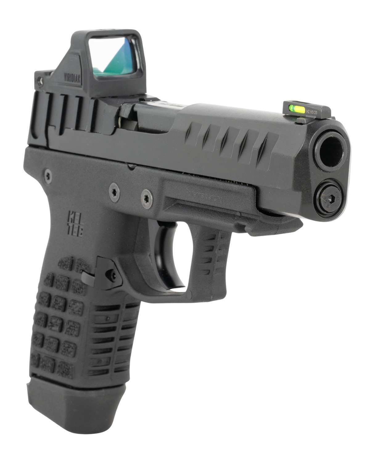 Angled front view of black Kel-Tec P15 with Viridian optic and green fiber optic front sight