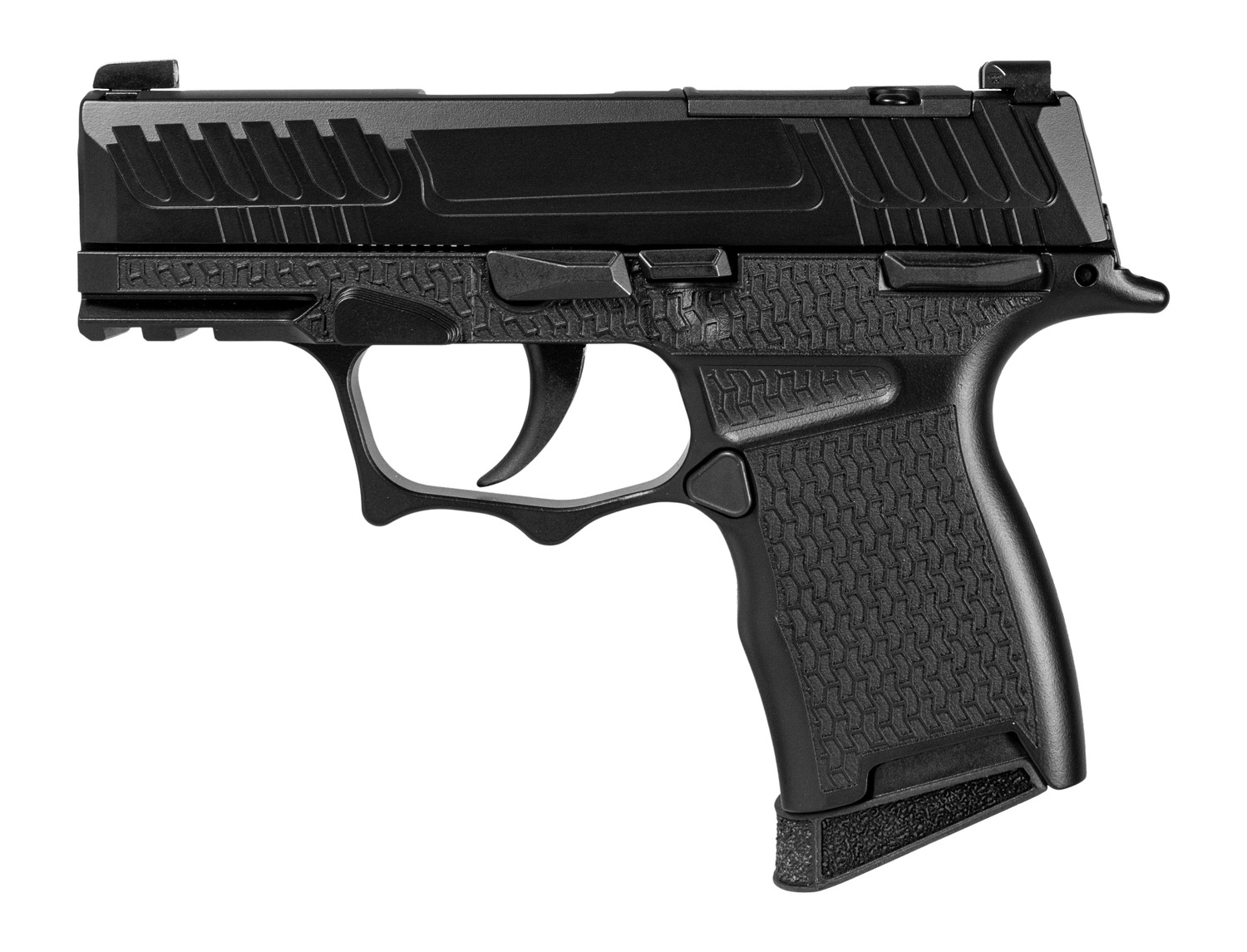 Shark Coast Tactical 9mm pistol left side view showing serrated black slide
