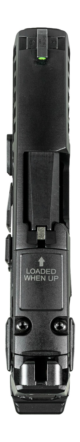 Bottom view of pistol showing magazine well and loaded chamber indicator