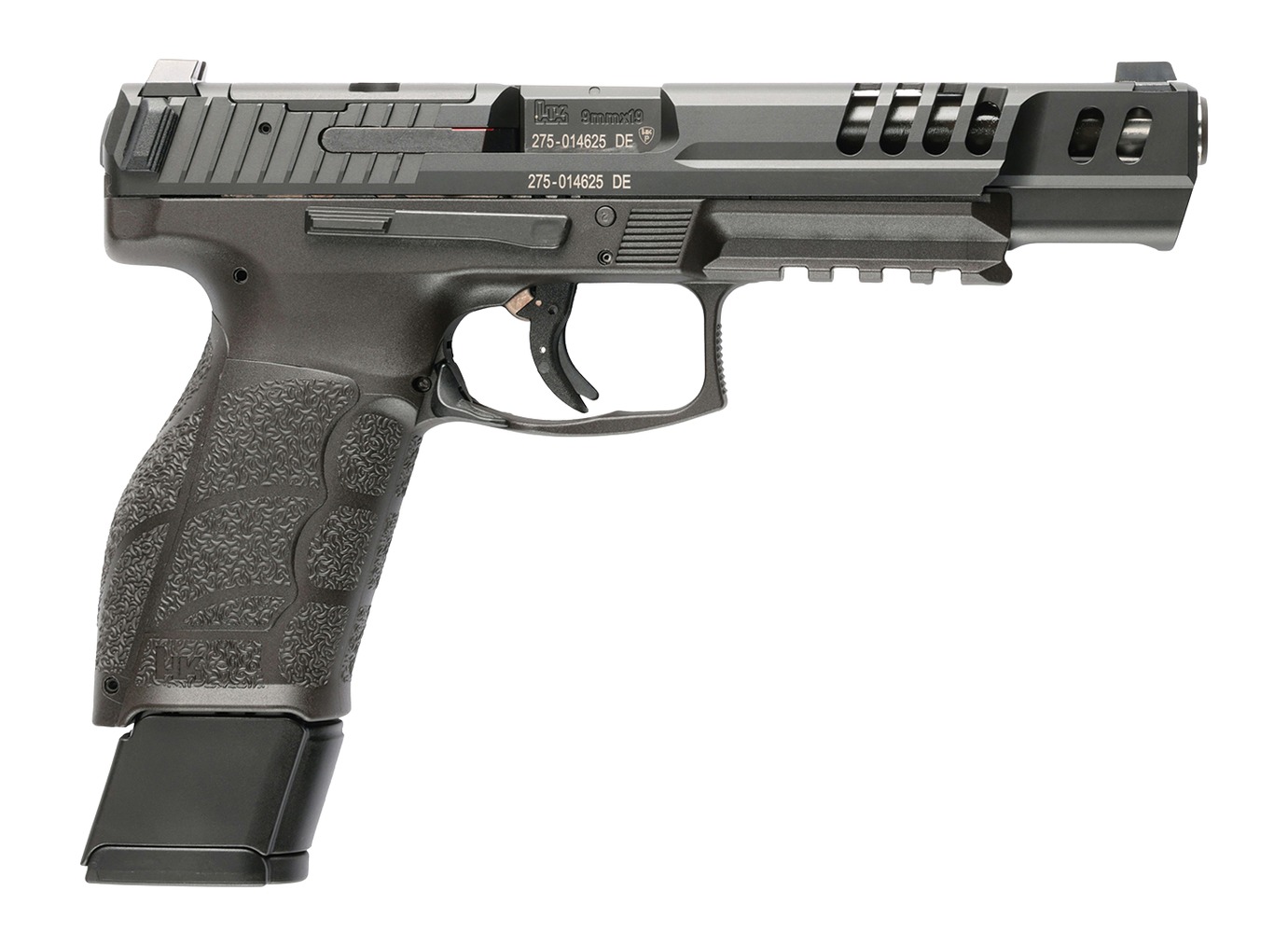 HK VP9A1 Match 9mm pistol in black with lightening-cut slide and extended magazine