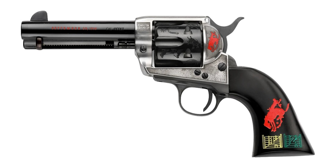 Pietta Pendleton II revolver left side view with bucking horse grip artwork