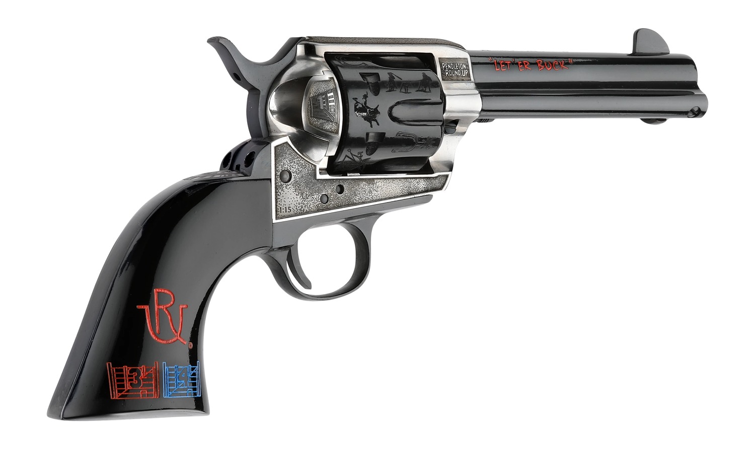 Pietta Pendleton II revolver angled view showing engraved cylinder and painted grips