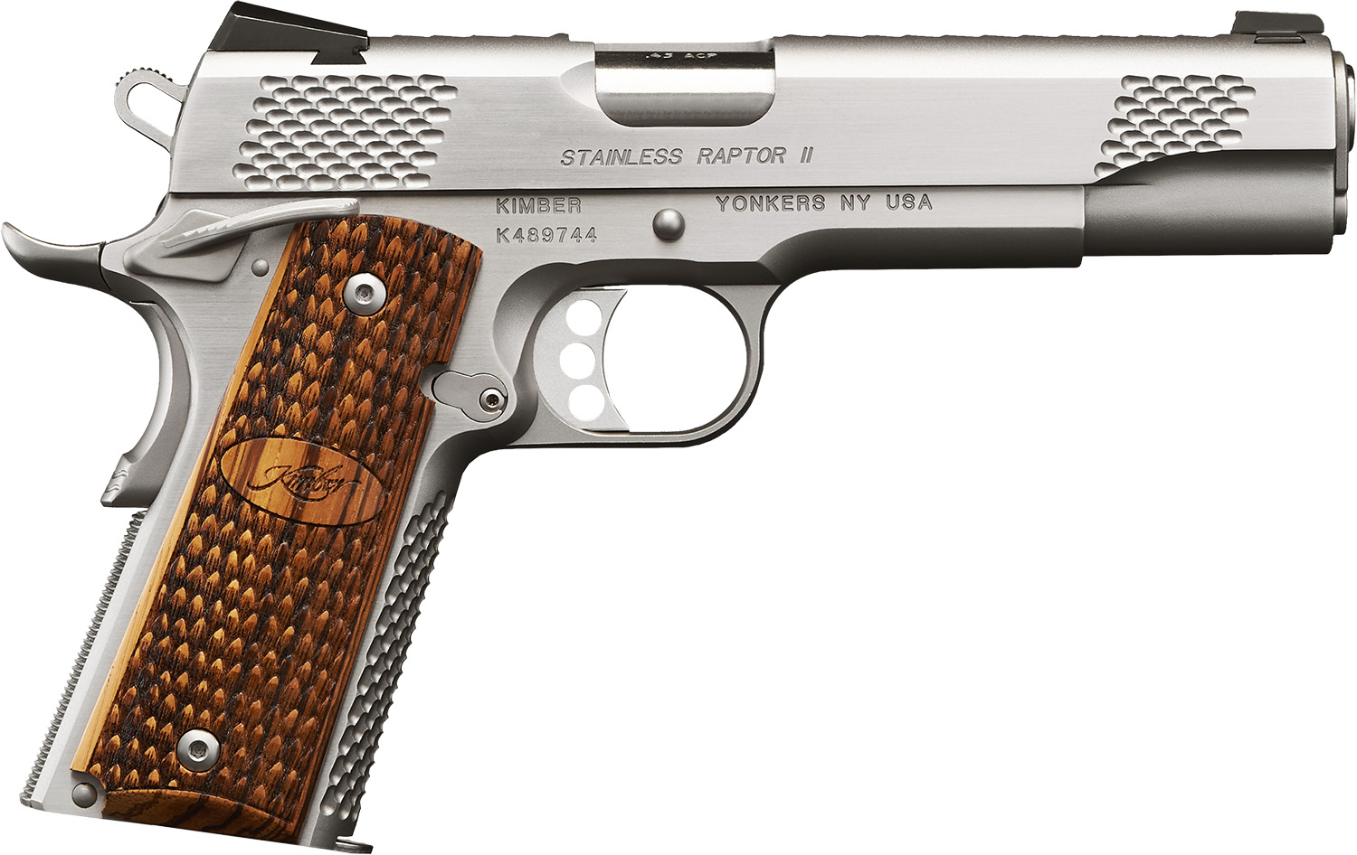 Kimber Stainless Raptor II 1911-style pistol in satin stainless with wood grips and tritium front sight