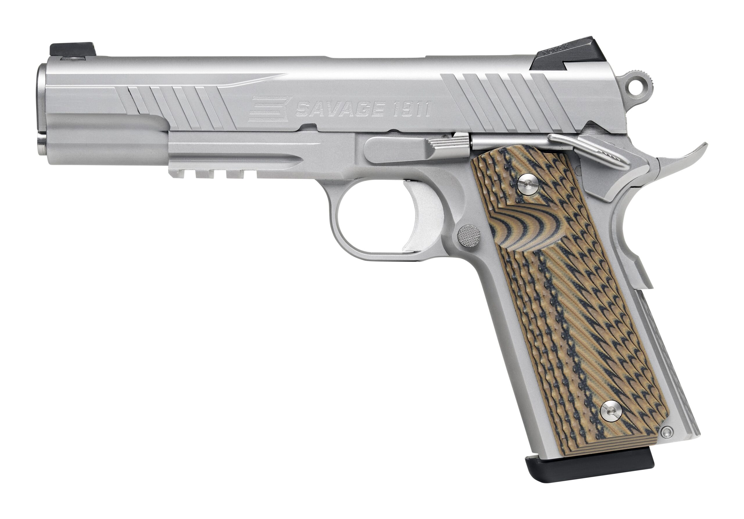 Savage 1911 9mm pistol with G10 grips and Novak sights, right side view