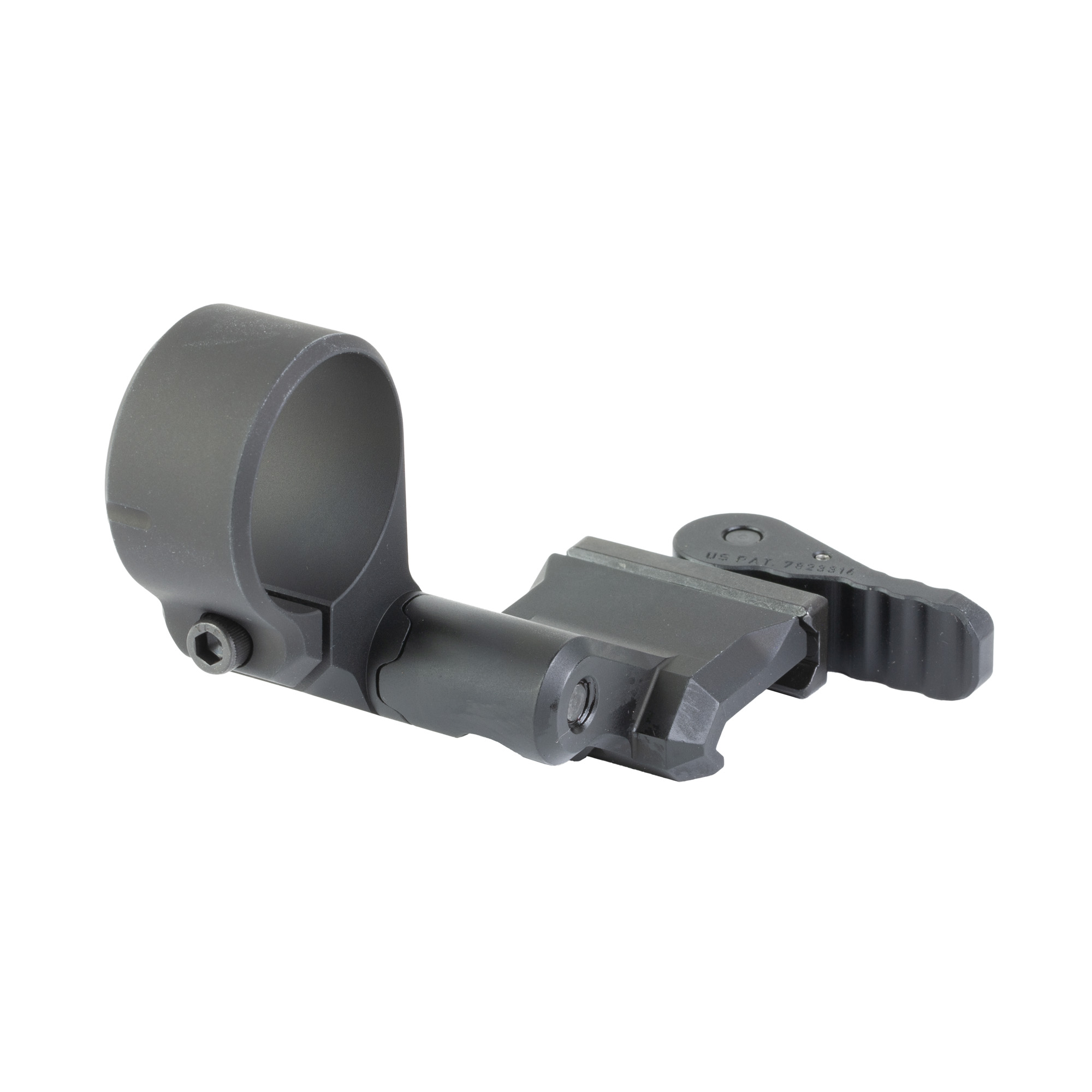 Arisaka black magnifier mount with QD lever and ring-style magnifier clamp, shown from the side