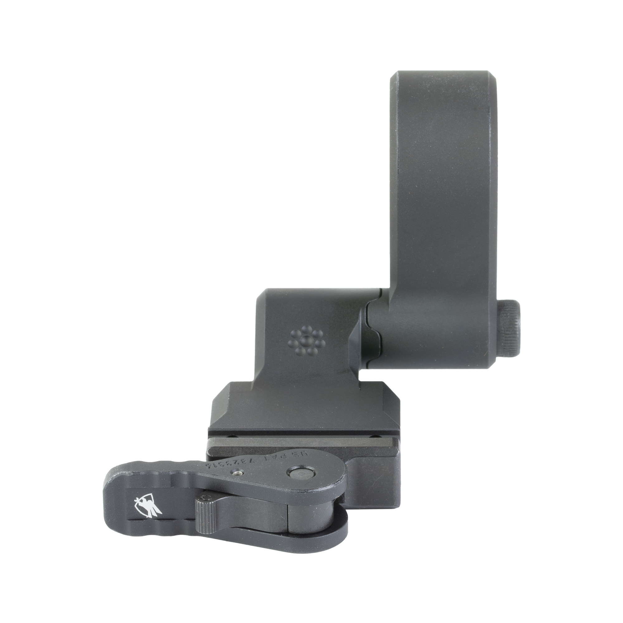 Black Arisaka magnifier mount side view showing the 0.90 height arm and QD lever