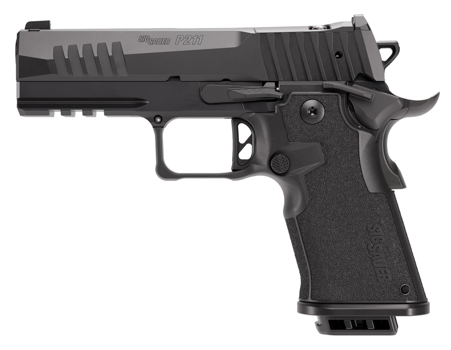 SIG Sauer P211 Carry 9mm pistol with black slide and frame, right side view