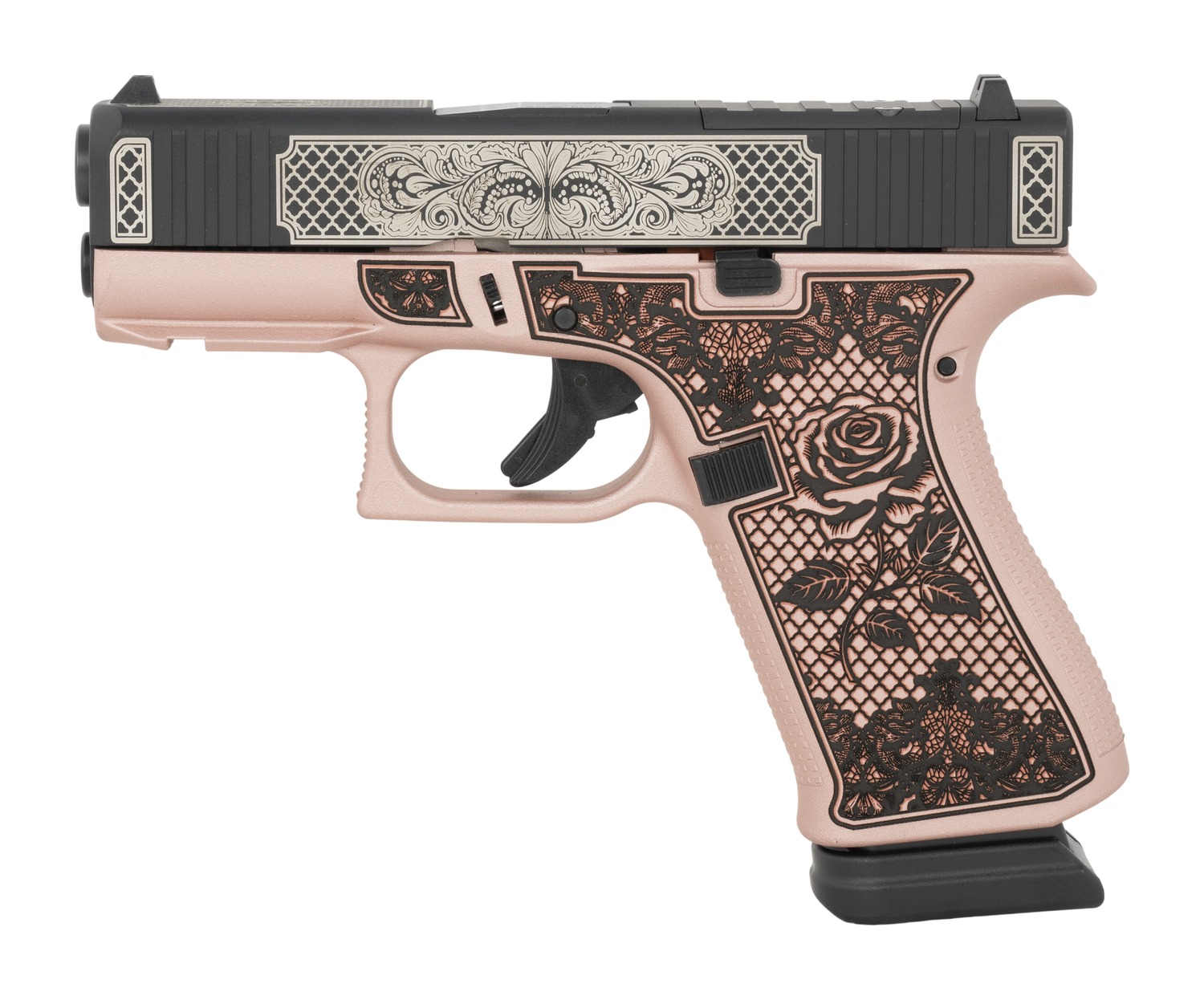 Glock 43X 9mm pistol with pink frame, black slide and rose and lace engraving, right side view